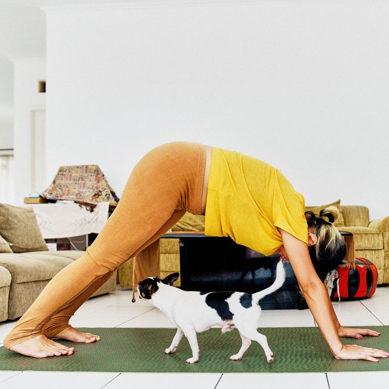 Mujer haciendo yoga con su perro